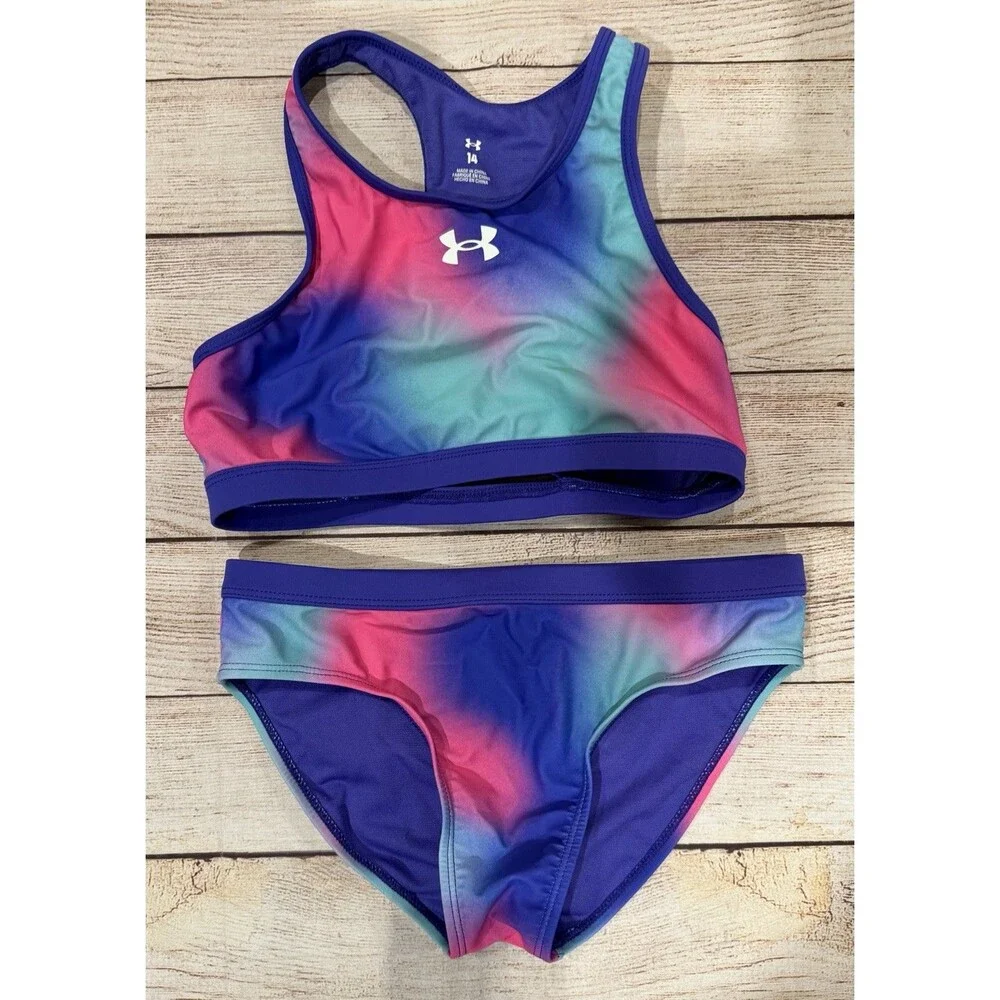 Girls Under Armour UA Polka Party Blur Racer Midkini Top & Bottoms Set Size 14